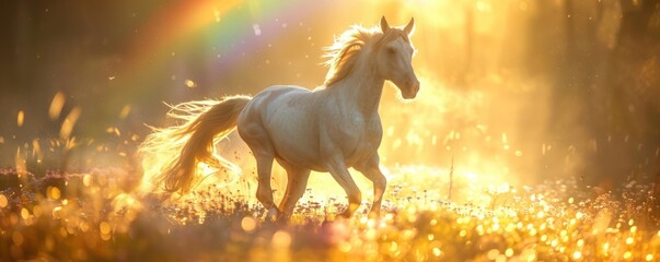 Unicorn Vision of Ethereal Beauty. In the Heart of a Verdant Forest, Amidst the Tranquil Landscape, a Majestic White Stallion Emerges