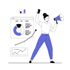 Digital marketing concept. Marketer analyzing graphs, charts and planning marketing strategy to achieve business goals. Vector illustration with line people for web design.