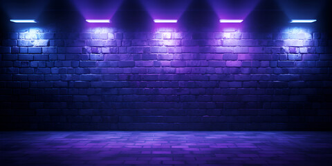 Neon effect tube lights on brick wall in room, 