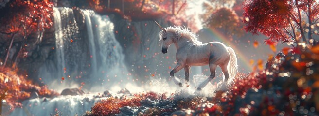 Unicorn Vision of Ethereal Beauty. In the Heart of a Verdant Forest, Amidst the Tranquil Landscape,...