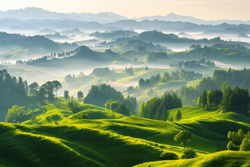 beautiful mountains in picturesque natural light, morning fog and breathtaking scenery