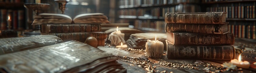 On the wooden table. vintage book rests beside flickering candles, casting a warm glow against the dark background. This closeup captures the essence of spirituality and tradition
