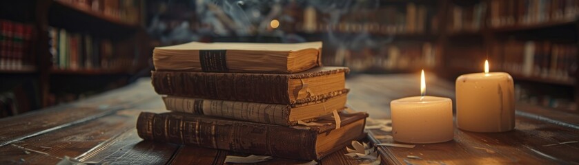 On the wooden table. vintage book rests beside flickering candles, casting a warm glow against the dark background. This closeup captures the essence of spirituality and tradition