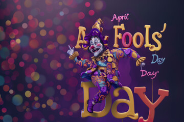 A clown balancing on top of the 3D phrase April Fools' Day. Generative AI