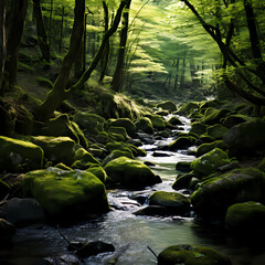 A tranquil forest stream with moss-covered rocks. - obrazy, fototapety, plakaty