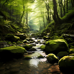 A tranquil forest stream with moss-covered rocks.