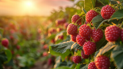 Ripe raspberries on the field in the rays of the setting sun