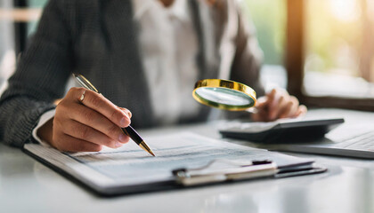 woman's hands with magnifying glass, conducting tax investigation on table, symbolizing financial scrutiny