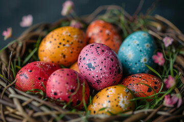 Naklejka na ściany i meble Close up of colorful Easter eggs in a basket. Generative AI