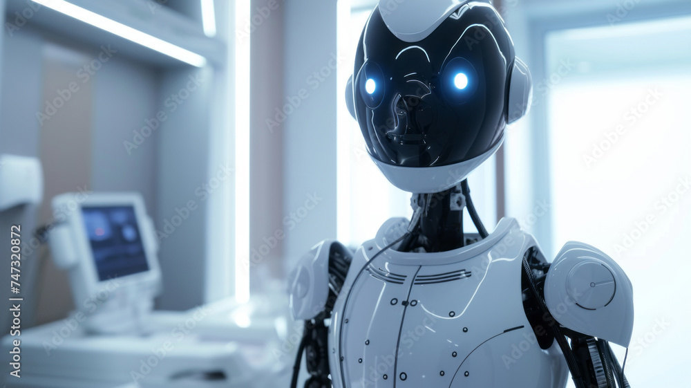 Poster a humanoid robot with artificial intelligence standing in a clinic or laboratory