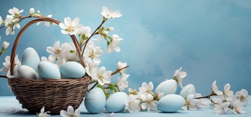 Blue Eggs in Nest with Cherry Blossoms on Pastel Background with copy space. Easter concept