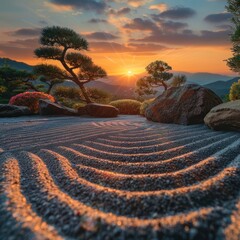 Serene embrace of Japanese Zen garden, tranquility reigns supreme as the essence of nature and spirituality converge. Smooth stones, meticulously arranged
