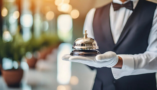 white-gloved hand ringing butler bell, symbolizing top-tier hospitality service and convenience