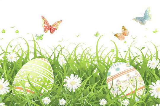Element for design. Easter eggs on grass with white flowers, butterflies on white background. Generative AI