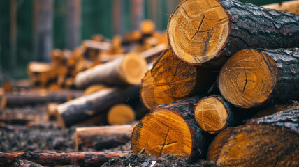 Log trunks pile, the logging timber forest wood industry. Wide banner or panorama of wood trunks...