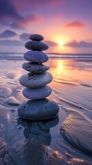 Tranquil shores of a sun kissed beach, a mesmerizing sight unfolds as pebbles are carefully stacked, forming a tower of balance and harmony