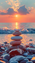 Tranquil shores of a sun kissed beach, a mesmerizing sight unfolds as pebbles are carefully stacked, forming a tower of balance and harmony