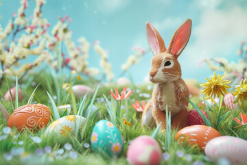 Colorful easter eggs and bunny on green grass. Generative AI