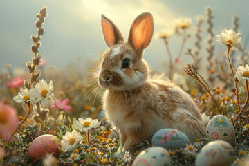 Fototapeta na wymiar Colorful easter eggs and bunny on green grass. Generative AI