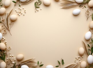 Naklejka na ściany i meble Natural flat lay border with white and beige eggs, leaves, and twigs on a cream background, great for Easter