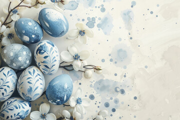Happy Easter template with blue, white rustic floral eggs, dotted background. Generative AI
