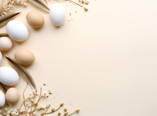 Delicate eggs in neutral tones with wheat stalks on a creamy background, ideal for Easter or organic themes