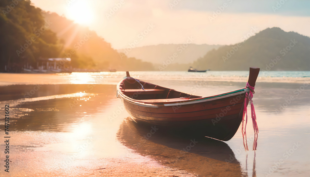 Wall mural joyful scenic view of traditional wooden rowing boat on scenic on sunset beach and vintage.