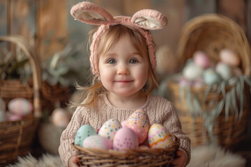 Cute toddler girl wearing bunny ears on Easter day. Girl holding basket with painted eggs. Generative AI