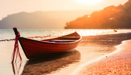Joyful Scenic view of traditional wooden rowing boat on scenic on sunset beach and vintage.