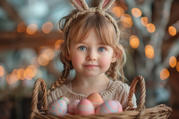 Cute toddler girl wearing bunny ears on Easter day. Girl holding basket with painted eggs. Generative AI - obrazy, fototapety, plakaty
