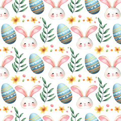 watercolor hand drawn colorful easter eggs, leaves and flowers.Spring pattern for banners, posters, cover design templates, social media stories wallpapers and greeting cards. vector illust