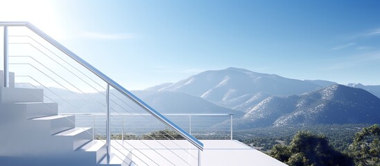 The modern staircase is designed using white high technology with a backdrop of exotic mountain views. Self development concept. 3D Rendering