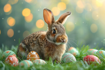 Fototapeta na wymiar Colorful easter eggs and bunny on green grass. Generative AI