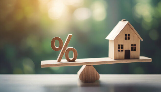 Percent sign and wooden house on seesaw, symbolizing stability and growth in real estate finance