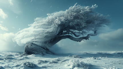 Texture of blowing snow covering a sy weathered tree in a barren polar wilderness.