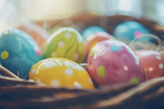 Close up of colorful Easter eggs in a basket. Generative AI