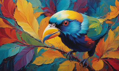 Bright bird among colorful foliage painted in oil