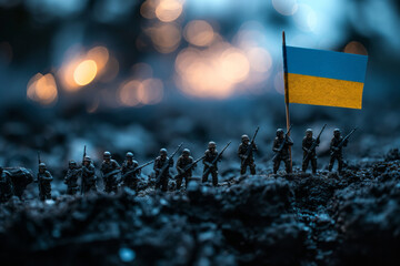 Ukraine on dark background. Conceptual image of war between Ukraine using toy soldiers. Selective...