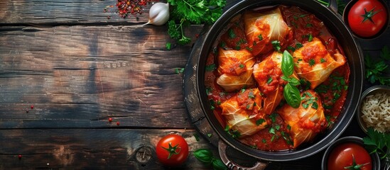 A pan filled with stuffed cabbage rolls containing rice and tomato sauce is placed on a wooden table. The rustic setting enhances the presentation of the food. - obrazy, fototapety, plakaty