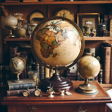 Antique globe surrounded by vintage maps.