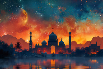 The silhouette of a mosque in the night sky with a crescent moonislamic style. Generative AI - obrazy, fototapety, plakaty