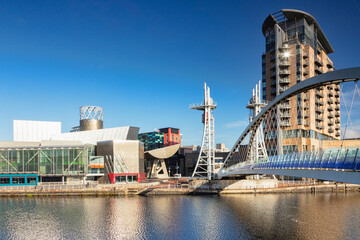 Salford Quays Manchester UK, on a lovely sunny autumn day, with clear blue sky.