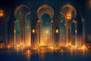 Ramadan background with mosque illuminated with candles. Generative AI
