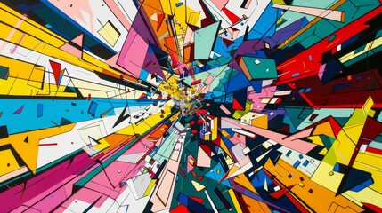 A vibrant, abstract explosion of geometric shapes and bright, dynamic colors. - obrazy, fototapety, plakaty