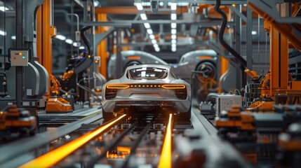 Futuristic Electric Sports Car on Assembly Line. Advanced electric sports car in a high-tech automated assembly line facility with vibrant lighting.