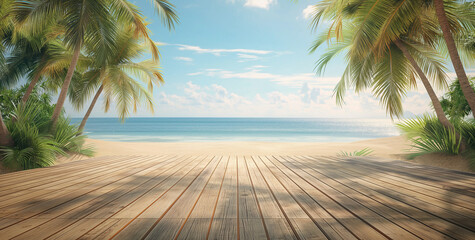 Empty wood and tropical beach paradise with palm trees, Crystal blue sea, and white sand, under a...