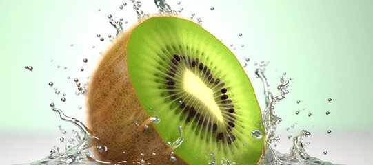 fresh kiwi fruit slices with water splash 44 - obrazy, fototapety, plakaty