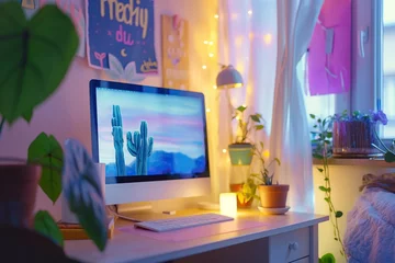 Fotobehang A colorful and vibrant home office setup with fairy lights, cactus imagery, and inspirational quotes © Adrian