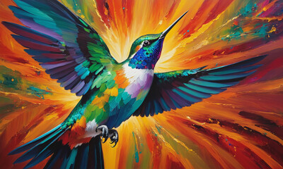 Obraz premium A bright hummingbird among a colorful explosion, painted in oil