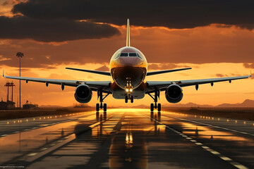 A large airplane flying over a runway into sunrise with sun shining. Travel concept. 3D Rendering